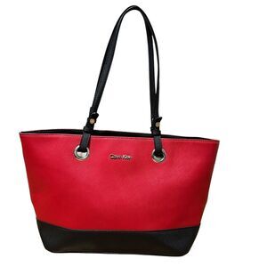 Calvin Klein Red Black Leather Color Block Tote Shoulder Bag